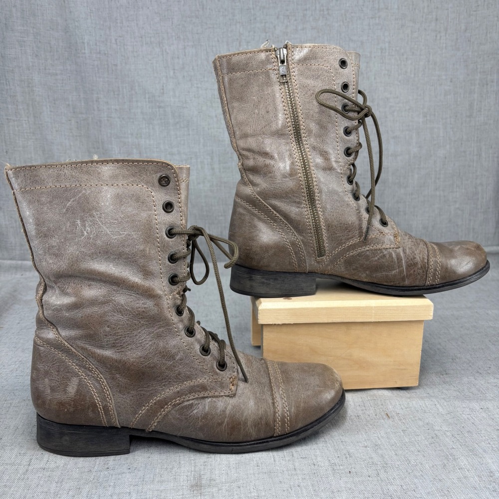 Steve Madden Troopa Boots Taupe Gray Brown Distressed Leather Combat Women's 10 - Picture 2 of 10